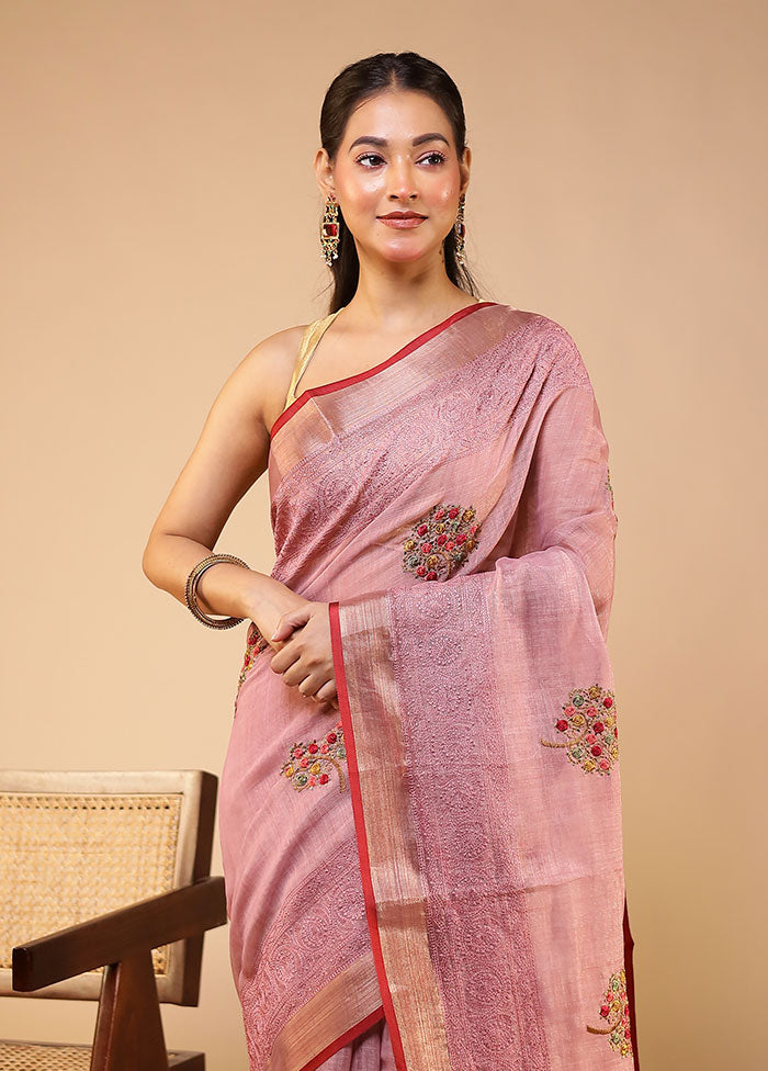 Pink Linen Silk Saree With Blouse Piece