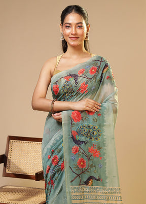 Green Linen Silk Saree With Blouse Piece