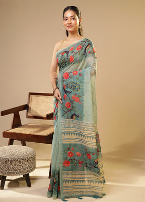Green Linen Silk Saree With Blouse Piece