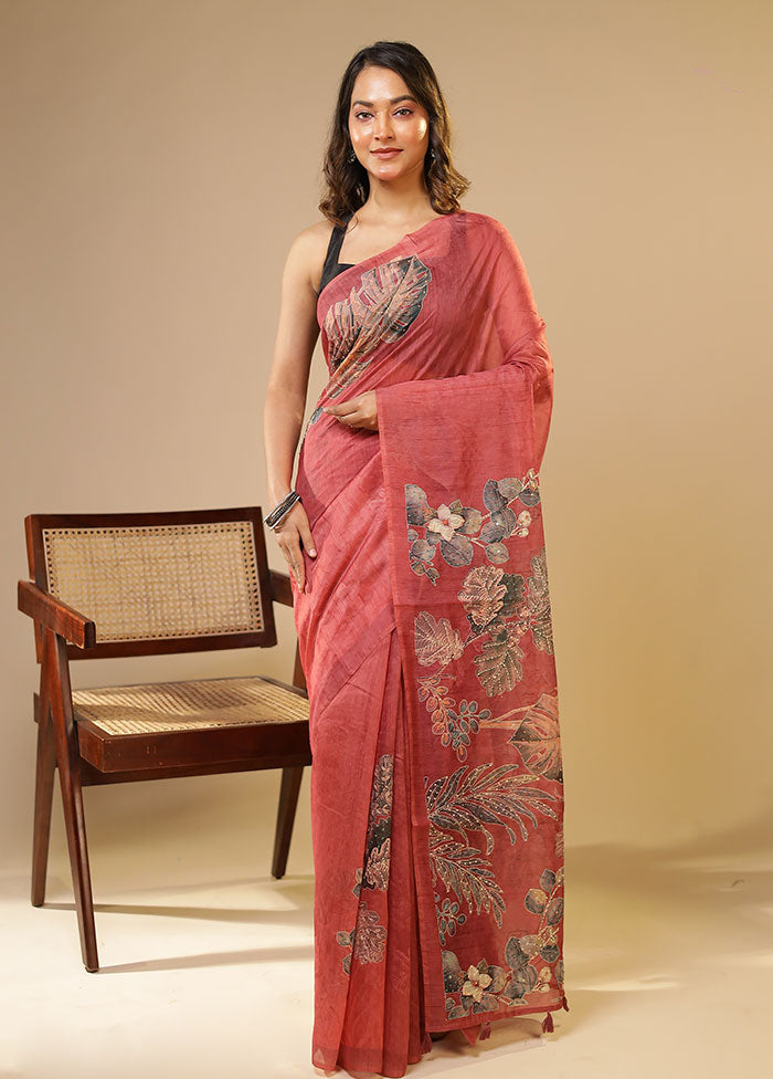 Pink Linen Silk Saree With Blouse Piece