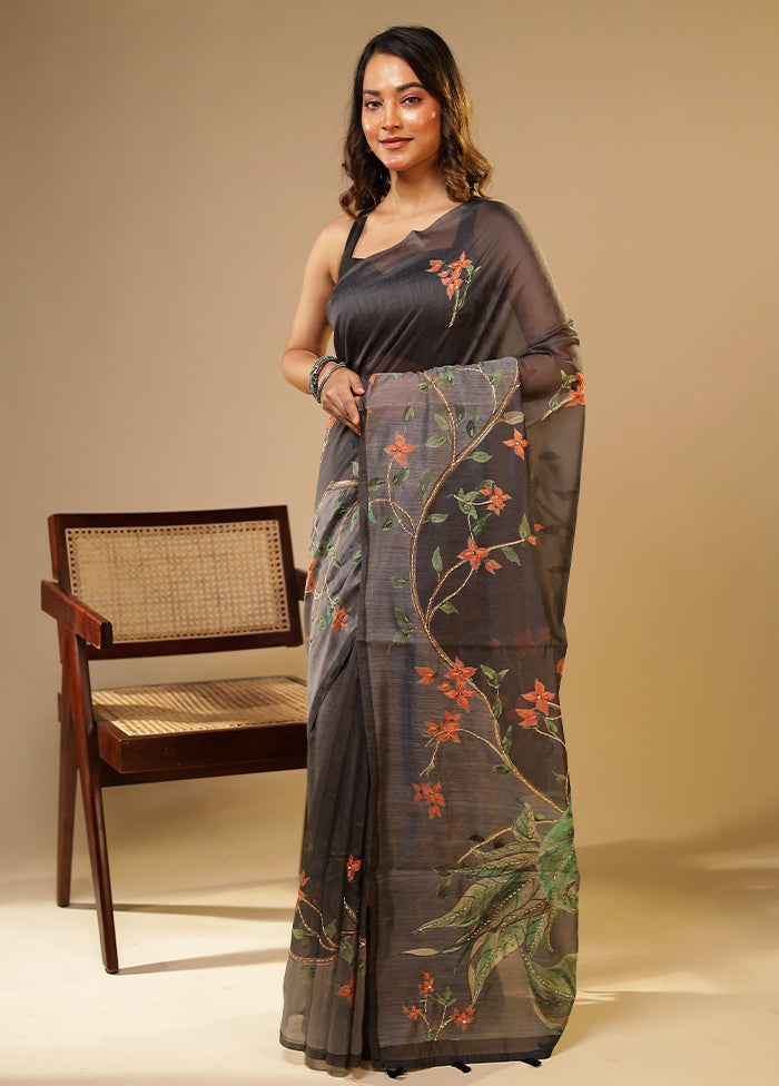 Grey Linen Silk Saree With Blouse Piece