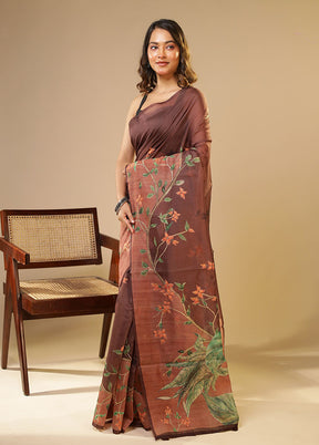 Grey Linen Silk Saree With Blouse Piece