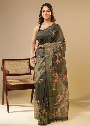 Green Linen Silk Saree With Blouse Piece
