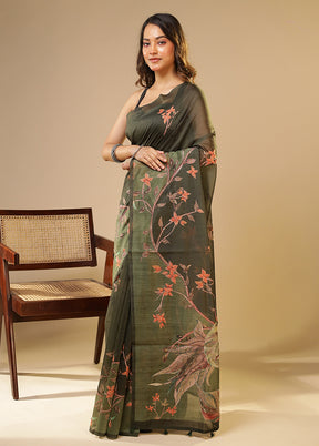 Green Linen Silk Saree With Blouse Piece