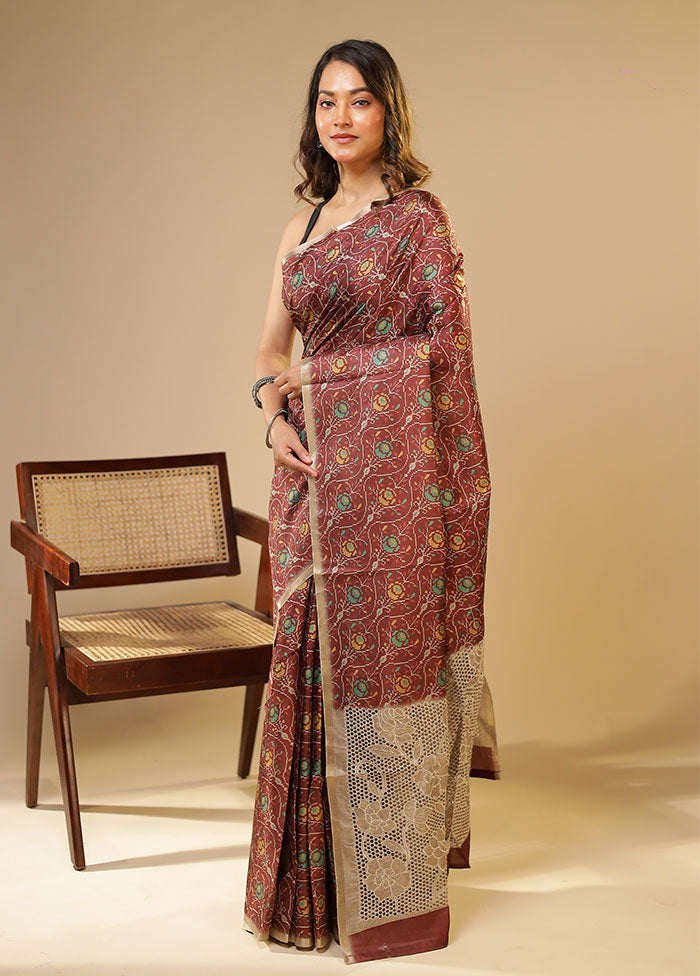 Maroon Tussar Silk Saree With Blouse Piece
