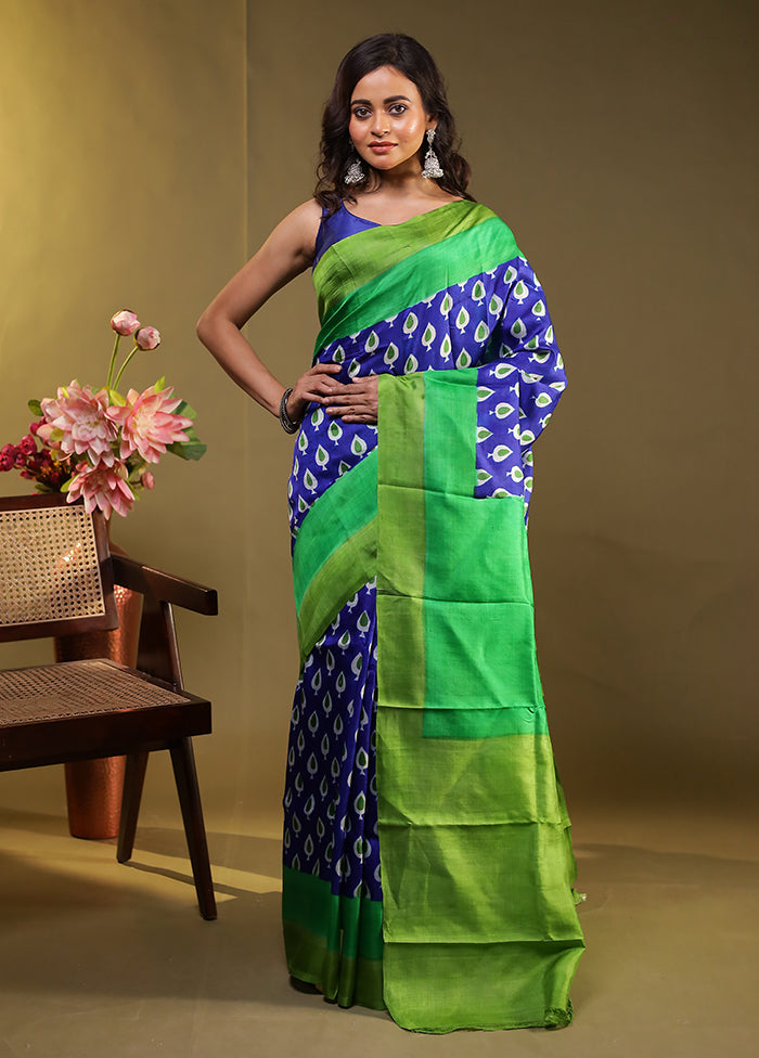 Blue Printed Pure Silk Saree Without Blouse Piece