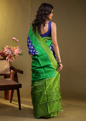 Blue Printed Pure Silk Saree Without Blouse Piece