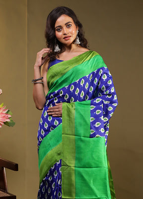 Blue Printed Pure Silk Saree Without Blouse Piece