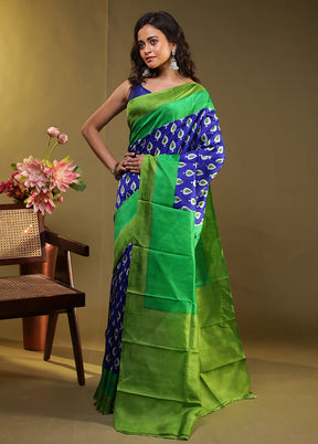 Blue Printed Pure Silk Saree Without Blouse Piece