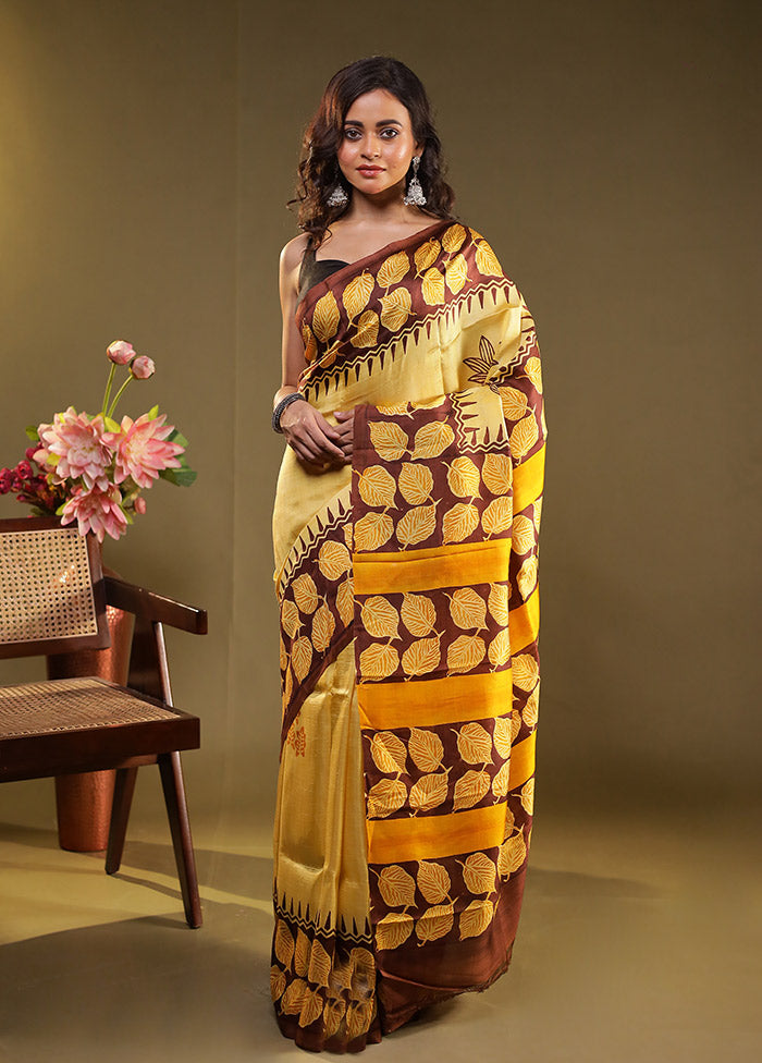 Yellow Printed Pure Silk Saree Without Blouse Piece
