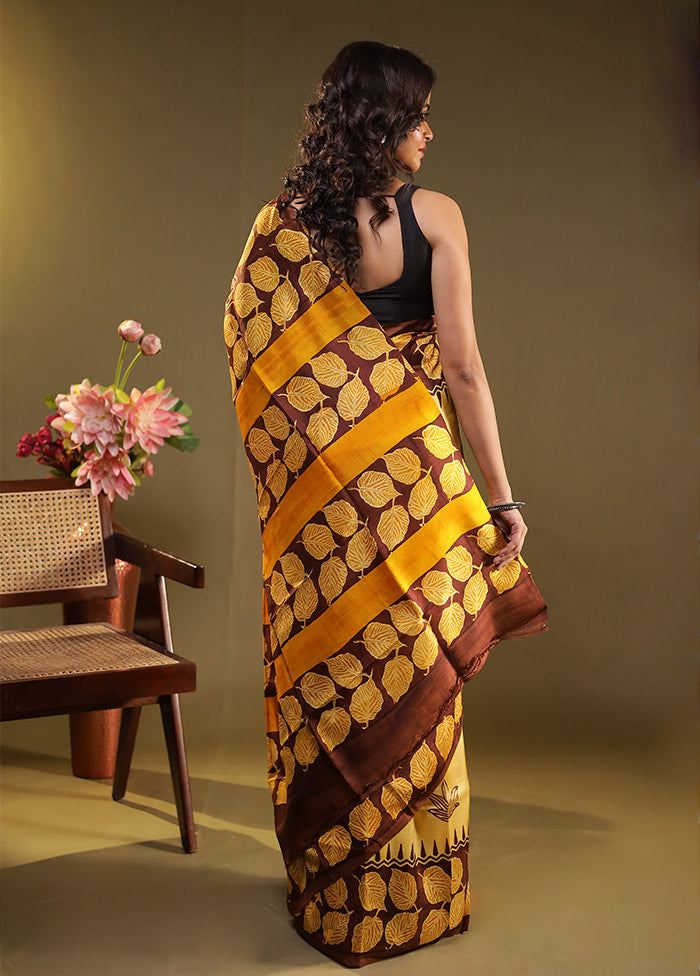 Yellow Printed Pure Silk Saree Without Blouse Piece