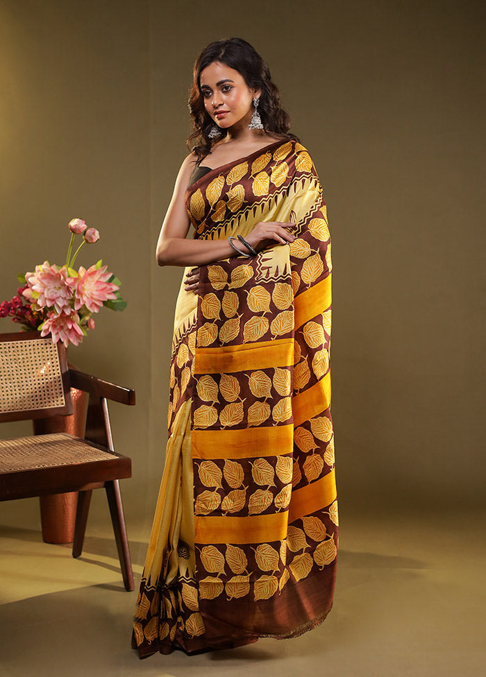 Yellow Printed Pure Silk Saree Without Blouse Piece