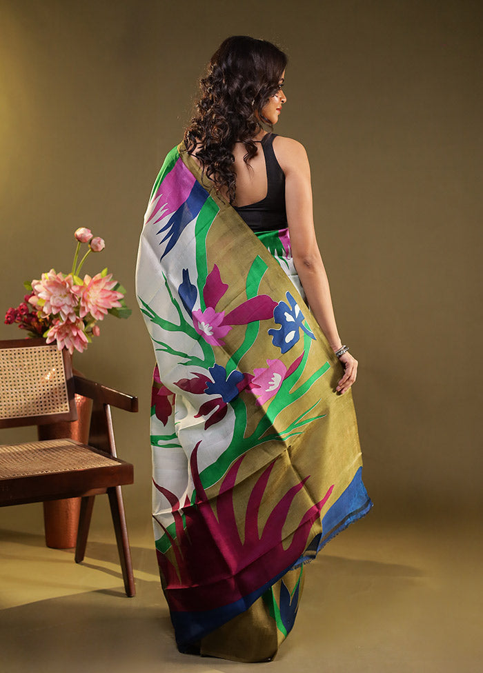 Green Printed Pure Silk Saree Without Blouse Piece