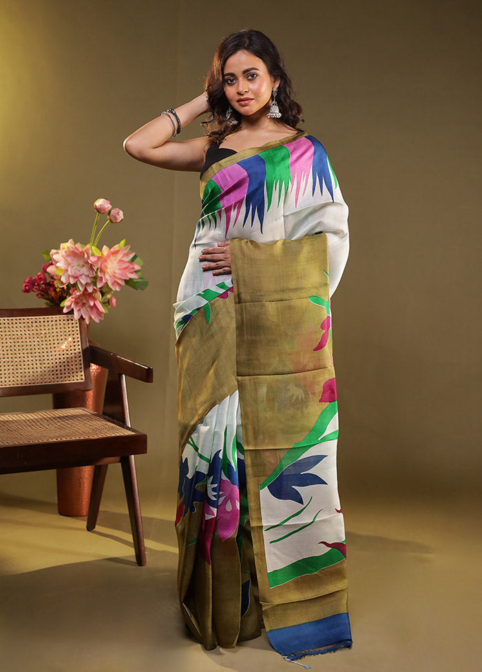 Green Printed Pure Silk Saree Without Blouse Piece