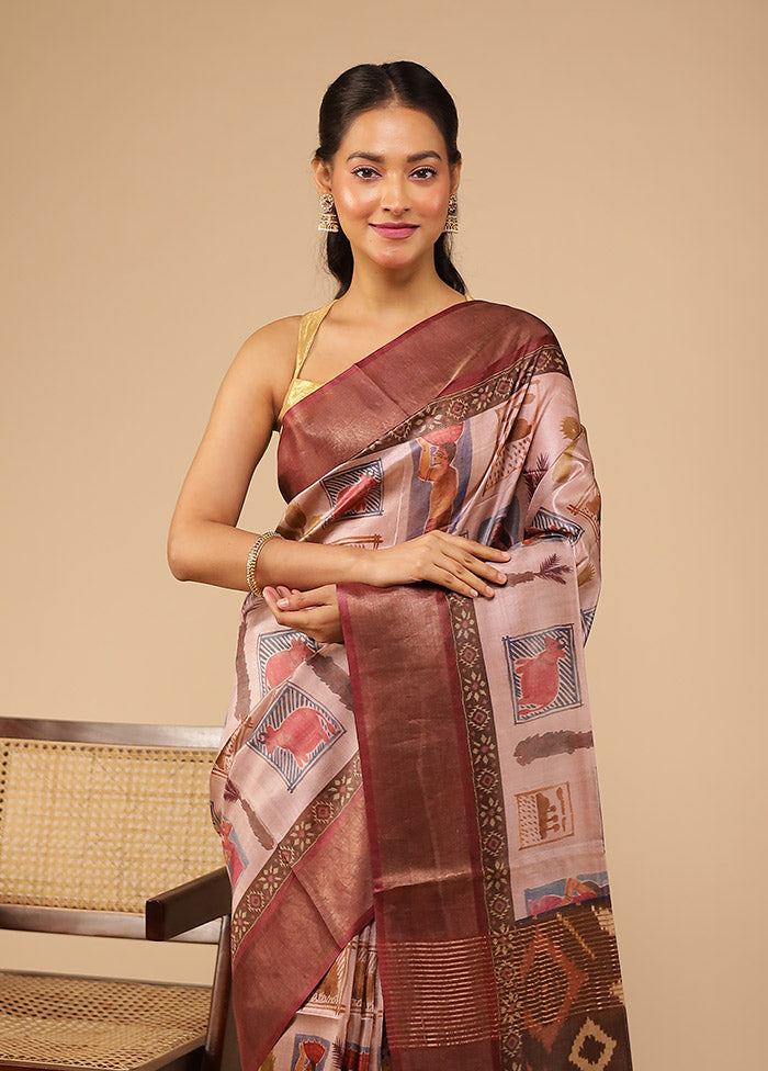Pink Handloom Tussar Pure Silk Saree With Blouse Piece