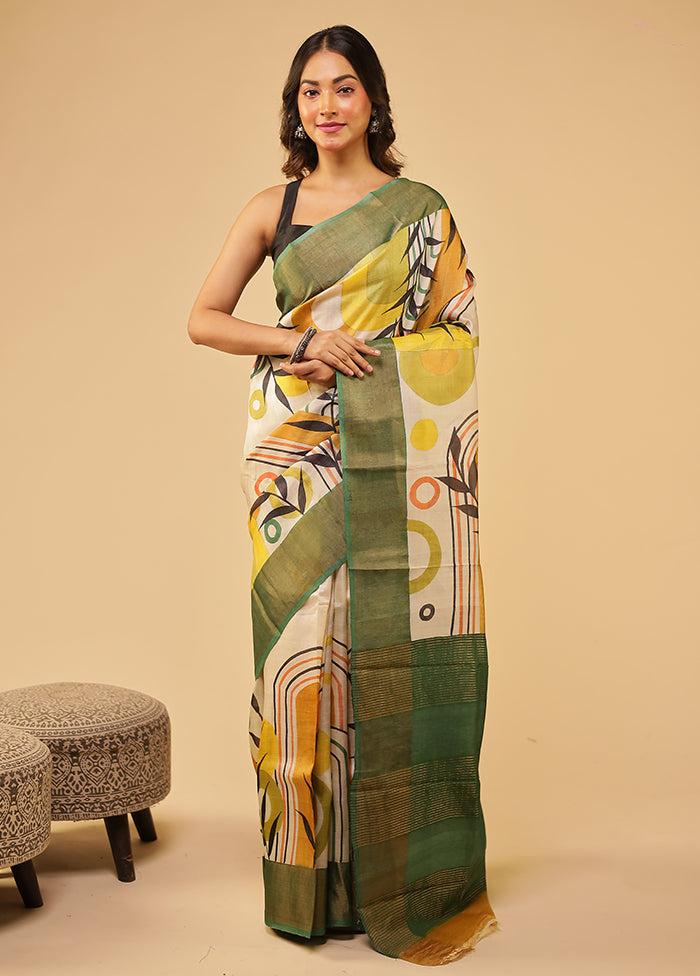 Cream Handloom Tussar Pure Silk Saree With Blouse Piece