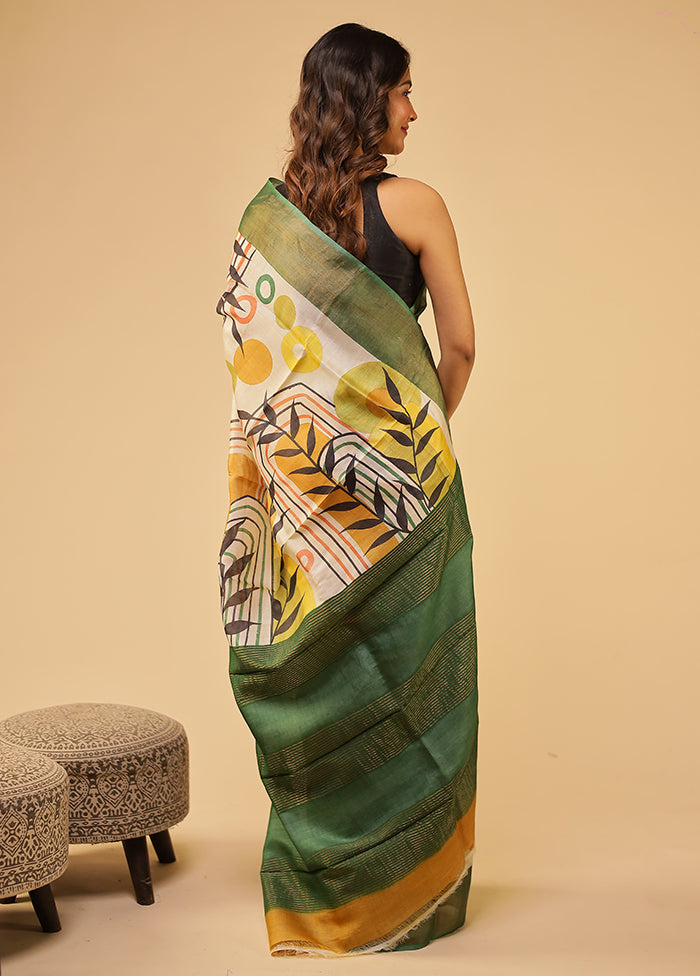 Cream Handloom Tussar Pure Silk Saree With Blouse Piece