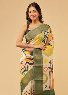 Cream Handloom Tussar Pure Silk Saree With Blouse Piece