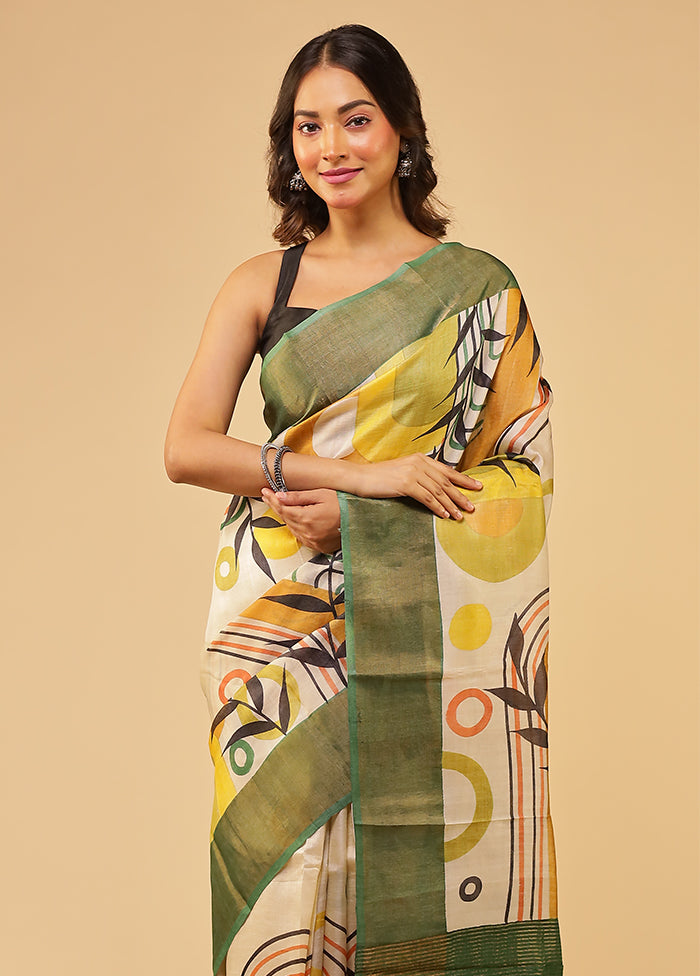Cream Handloom Tussar Pure Silk Saree With Blouse Piece
