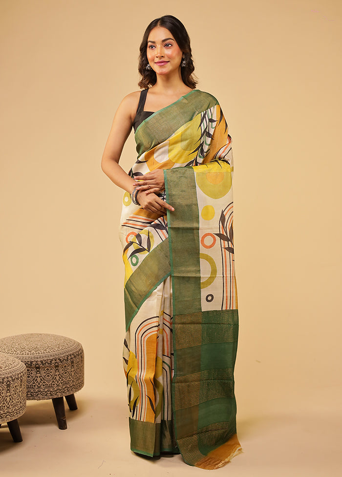 Cream Handloom Tussar Pure Silk Saree With Blouse Piece