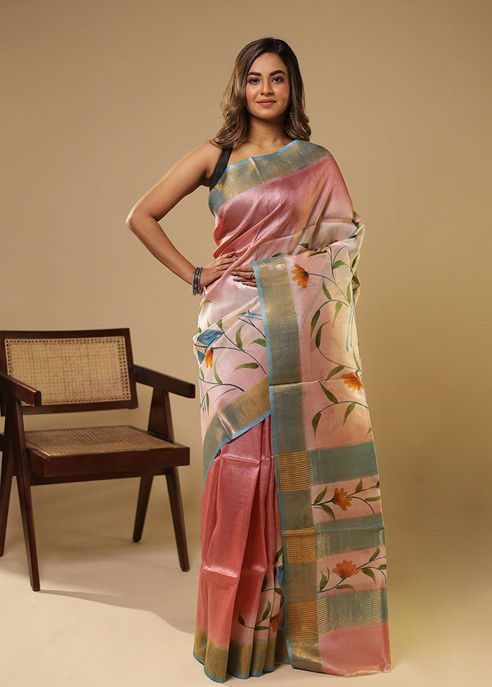 Cream Handloom Tussar Pure Silk Saree With Blouse Piece