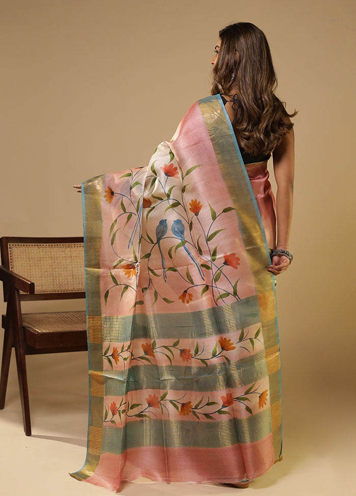 Cream Handloom Tussar Pure Silk Saree With Blouse Piece