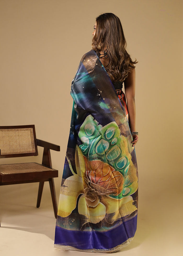 Multicolor Handloom Tussar Pure Silk Saree With Blouse Piece