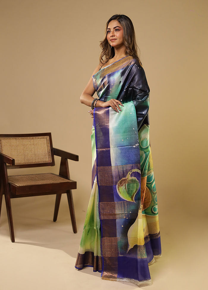 Multicolor Handloom Tussar Pure Silk Saree With Blouse Piece