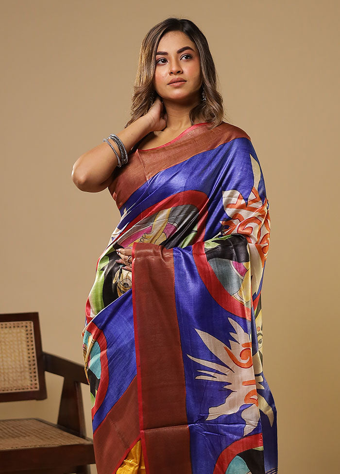Multicolor Handloom Tussar Pure Silk Saree With Blouse Piece