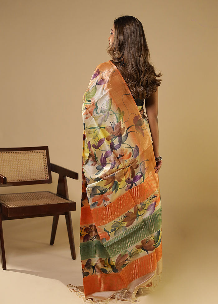 Cream Handloom Tussar Pure Silk Saree With Blouse Piece