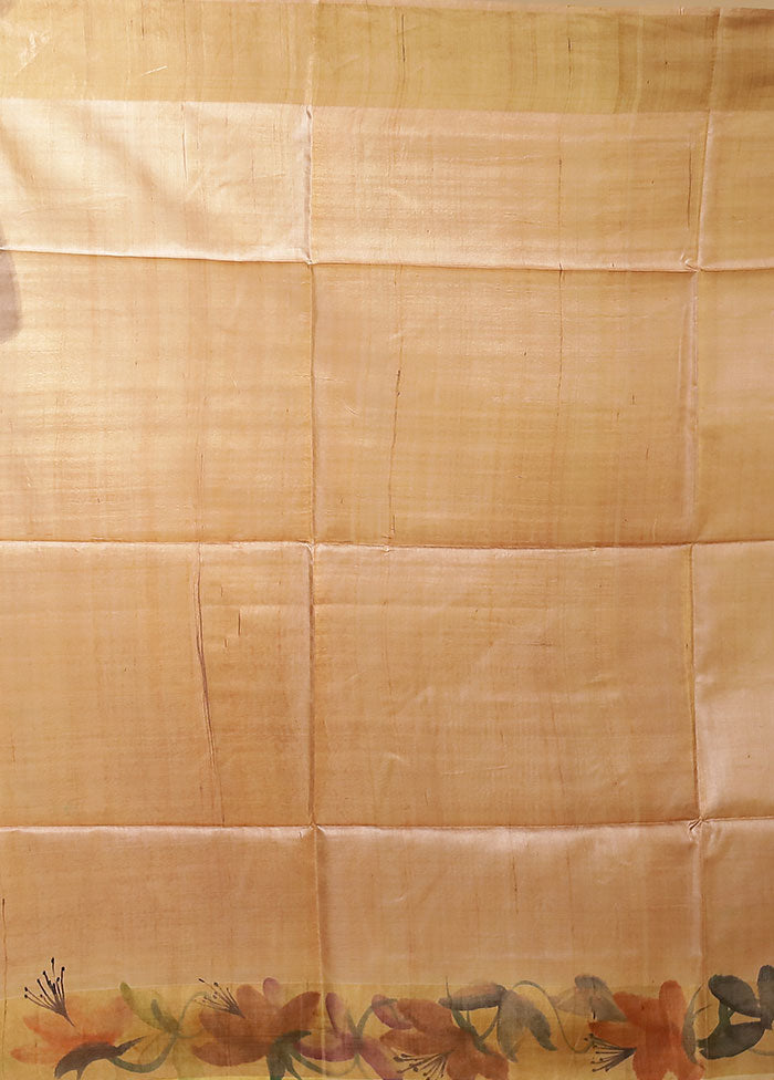 Cream Handloom Tussar Pure Silk Saree With Blouse Piece