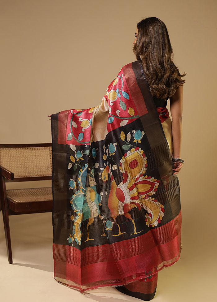 Cream Handloom Tussar Pure Silk Saree With Blouse Piece