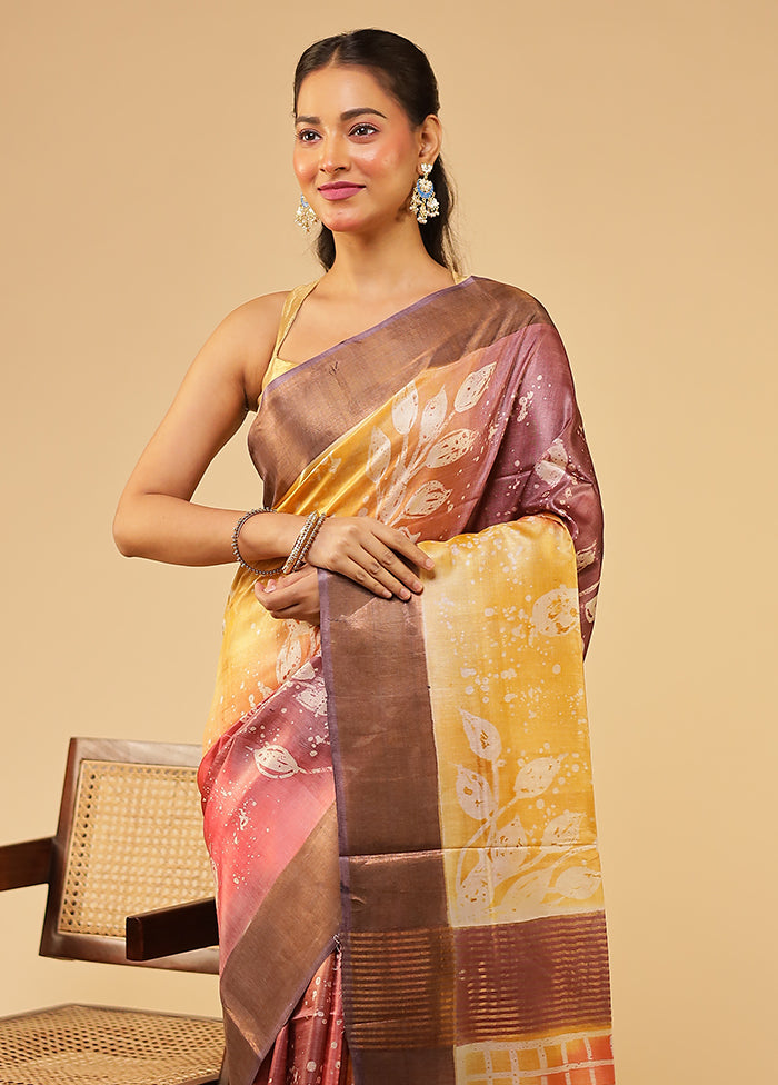 Pink Handloom Tussar Pure Silk Saree With Blouse Piece