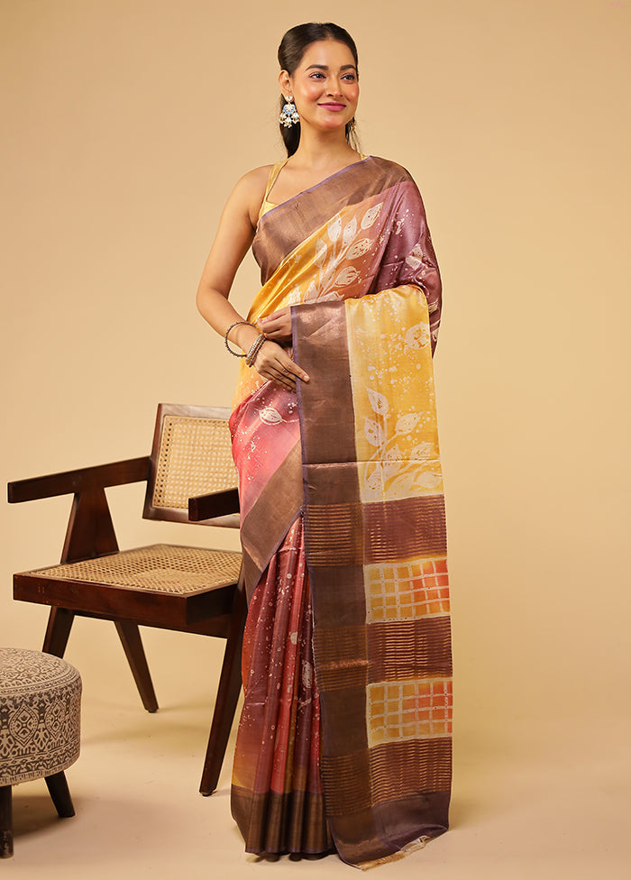 Pink Handloom Tussar Pure Silk Saree With Blouse Piece