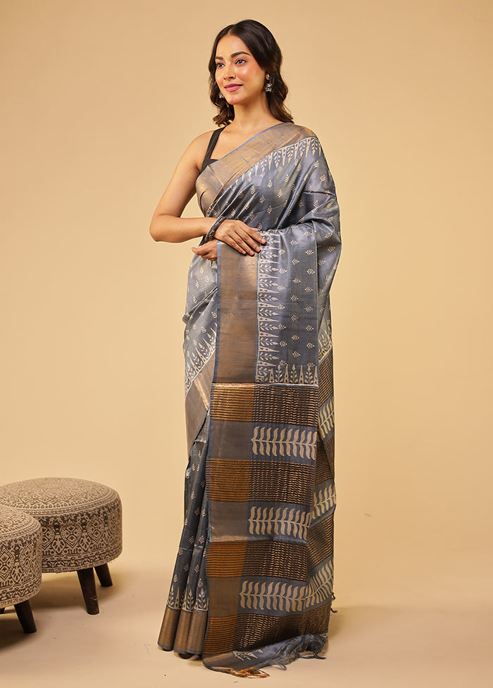 Grey Tussar Silk Saree With Blouse Piece