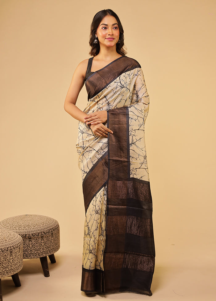 Cream Tussar Silk Saree With Blouse Piece