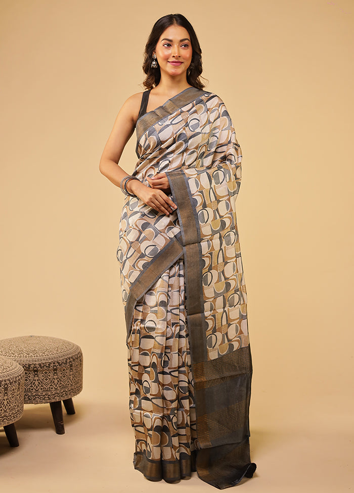 Cream Tussar Silk Saree With Blouse Piece