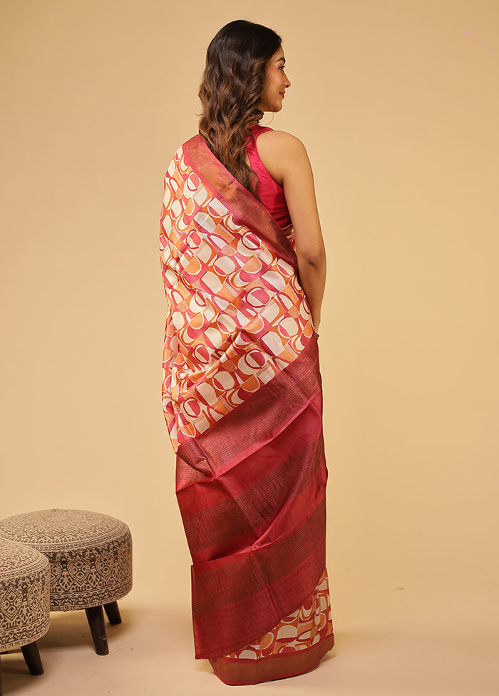 Cream Tussar Silk Saree With Blouse Piece