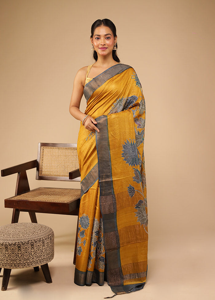 Yellow Handloom Tussar Pure Silk Saree With Blouse Piece