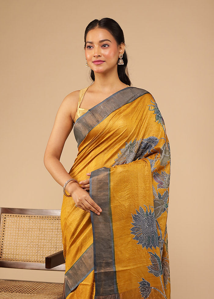 Yellow Handloom Tussar Pure Silk Saree With Blouse Piece