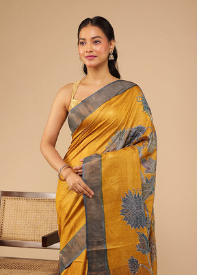 Yellow Handloom Tussar Pure Silk Saree With Blouse Piece