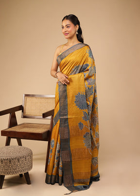 Yellow Handloom Tussar Pure Silk Saree With Blouse Piece