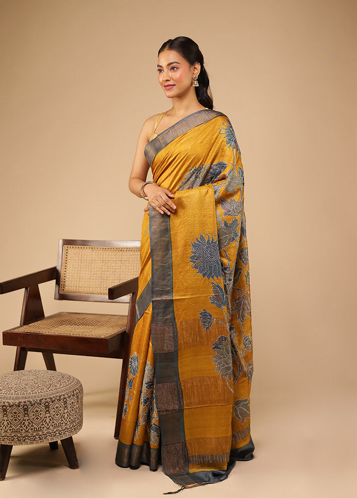 Yellow Handloom Tussar Pure Silk Saree With Blouse Piece