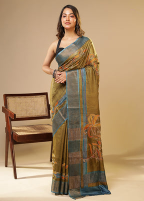 Cream Handloom Tussar Pure Silk Saree With Blouse Piece