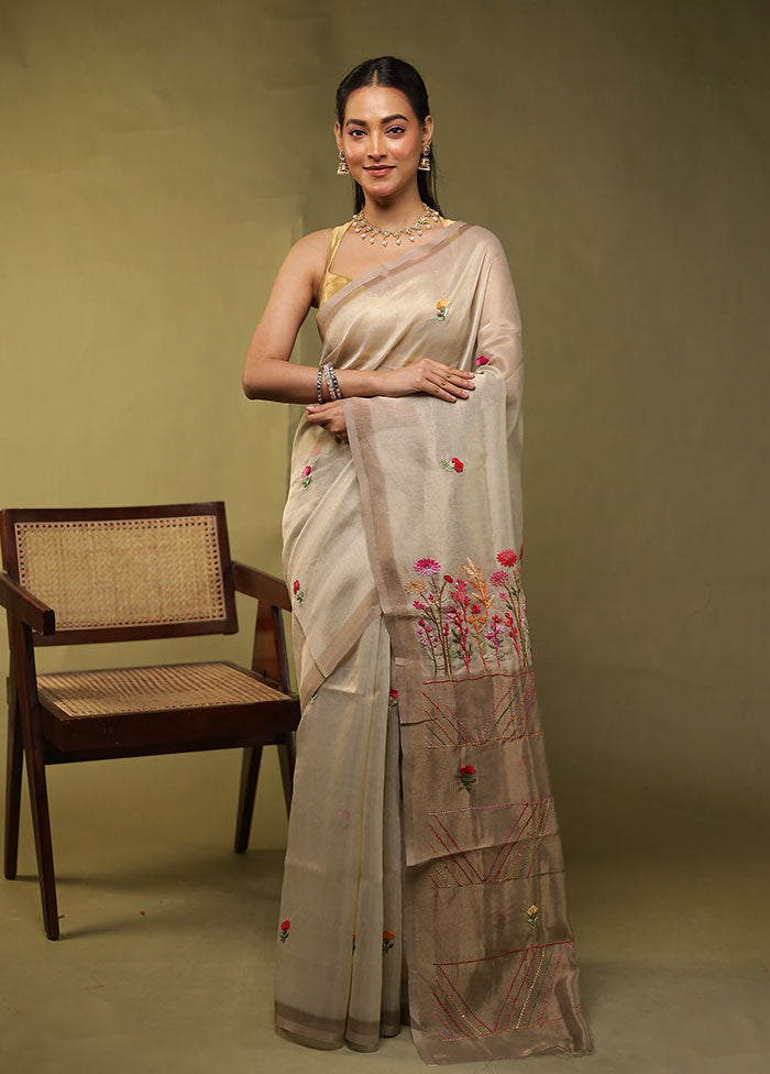 Cream Linen Silk Saree With Blouse Piece