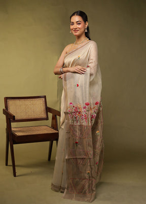 Cream Linen Silk Saree With Blouse Piece
