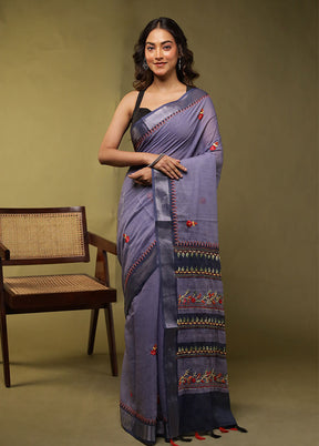 Blue Linen Silk Saree With Blouse Piece