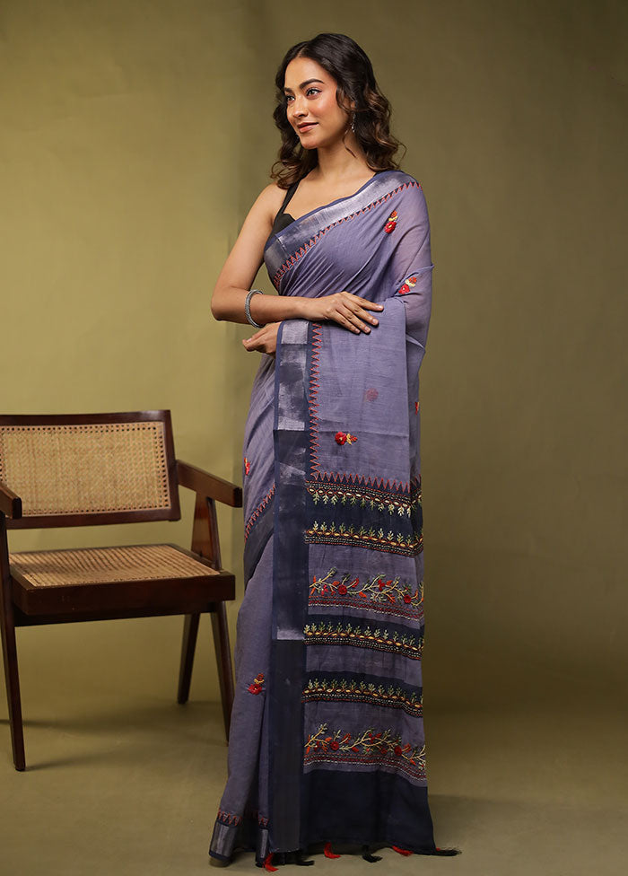 Blue Linen Silk Saree With Blouse Piece