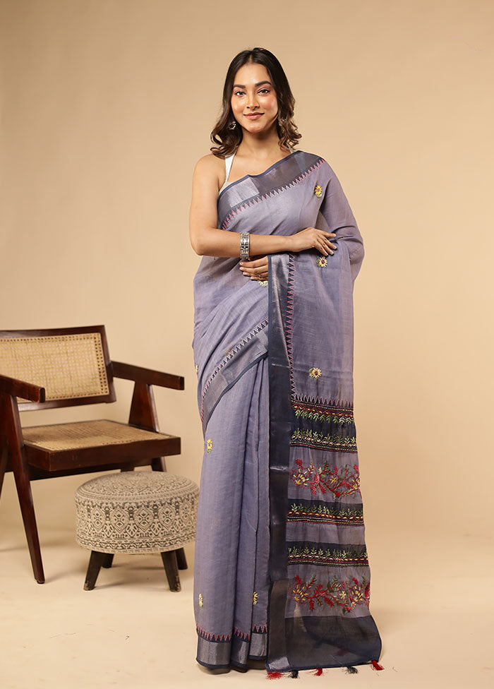Blue Linen Silk Saree With Blouse Piece