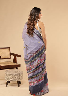Blue Linen Silk Saree With Blouse Piece